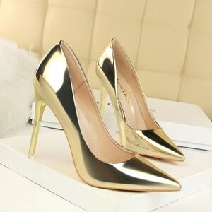 Metallic Point Toe Stiletto Heeled Court Pumps Gold